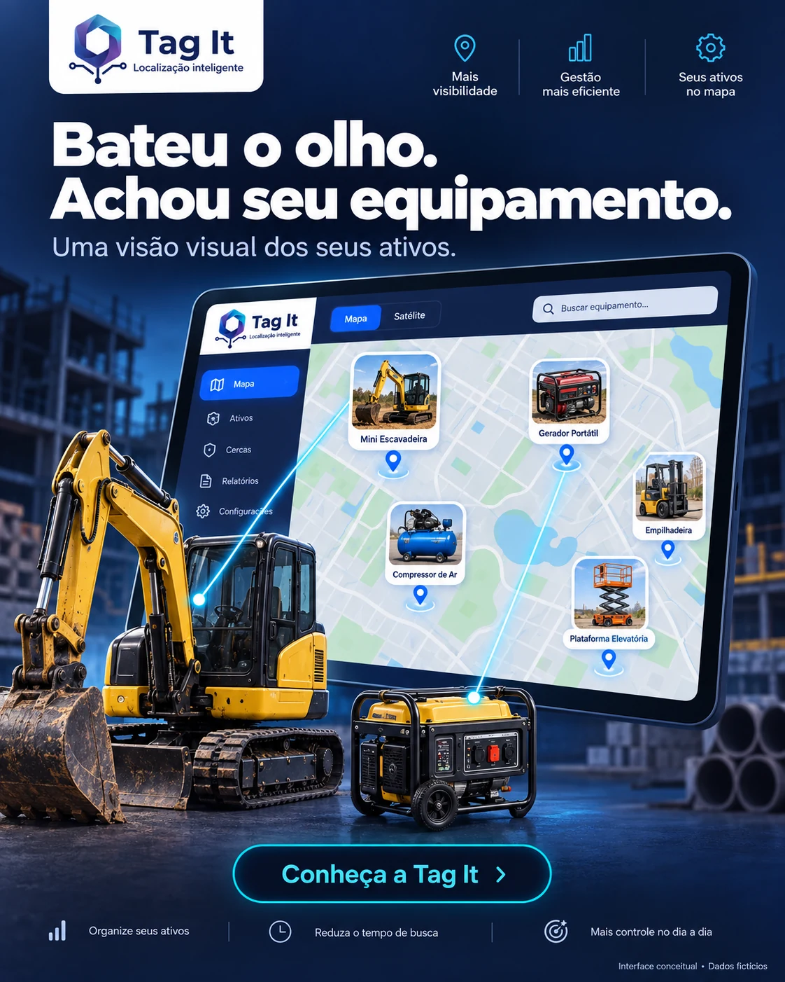 Composição ilustrativa da campanha com escavadeira, gerador e mapa demonstrativo dos equipamentos.