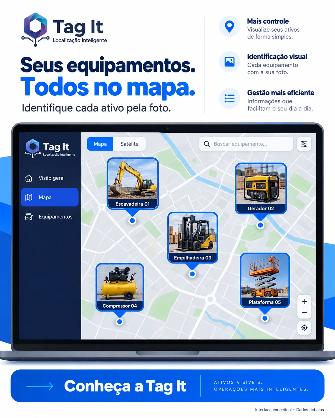 Composição ilustrativa da campanha: mapa com fotos de escavadeira, gerador, empilhadeira, compressor e plataforma elevatória.